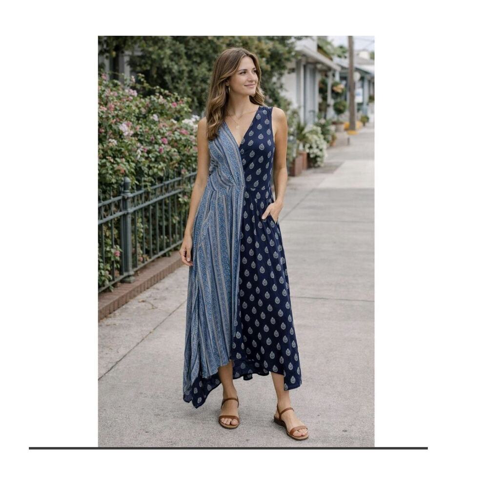 Maeve Blue Paisley Sleeveless V-Neck Asymmetrical Scarf Midi Dress Size 4 Boho